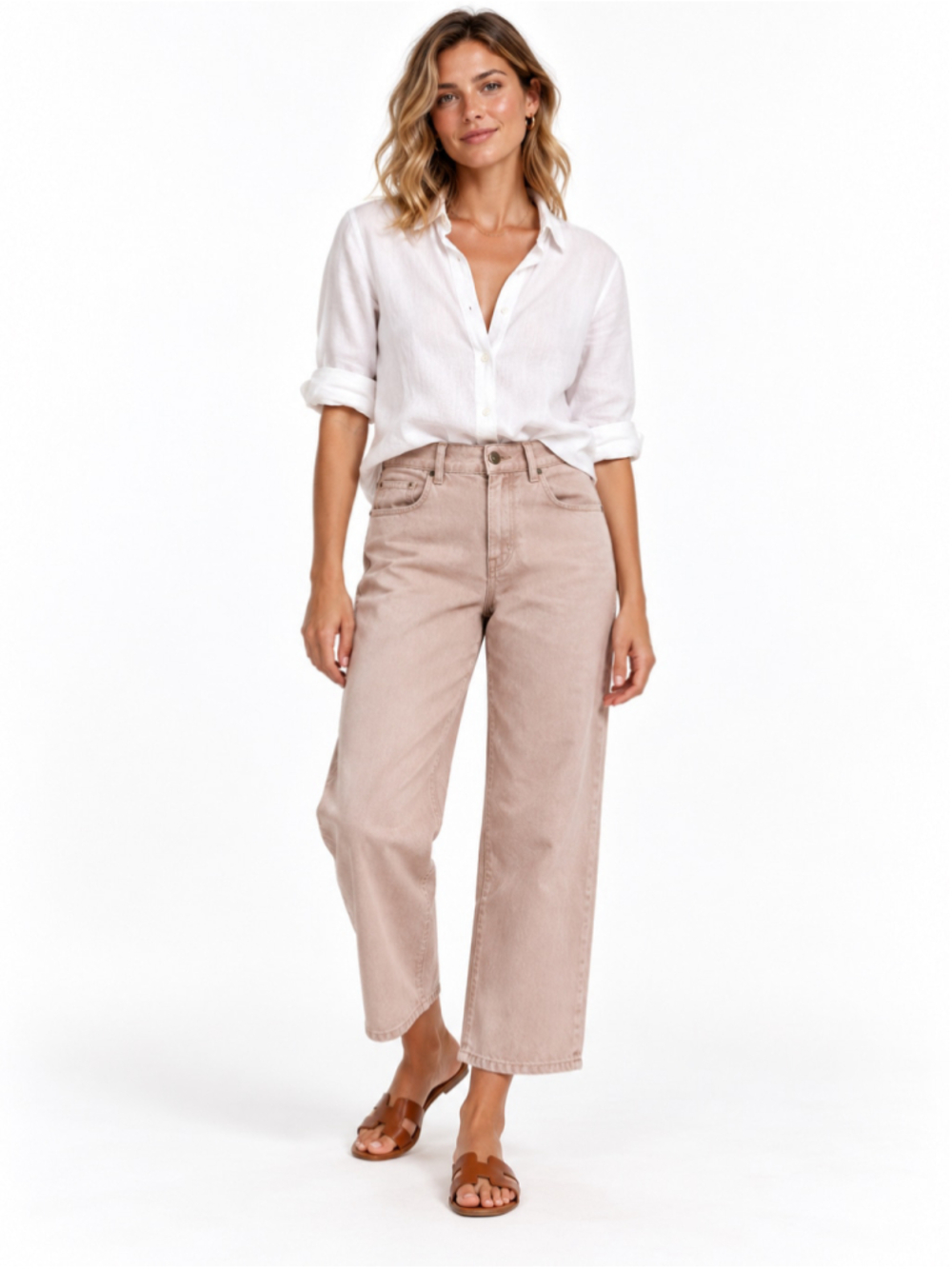 Massimo Dutti Blush Pink Sand High Rise Cropped Wide Leg Jeans 4 Cotton